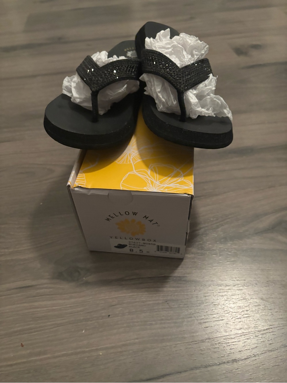 Yellow Box Black Sparkle Thong Sandals